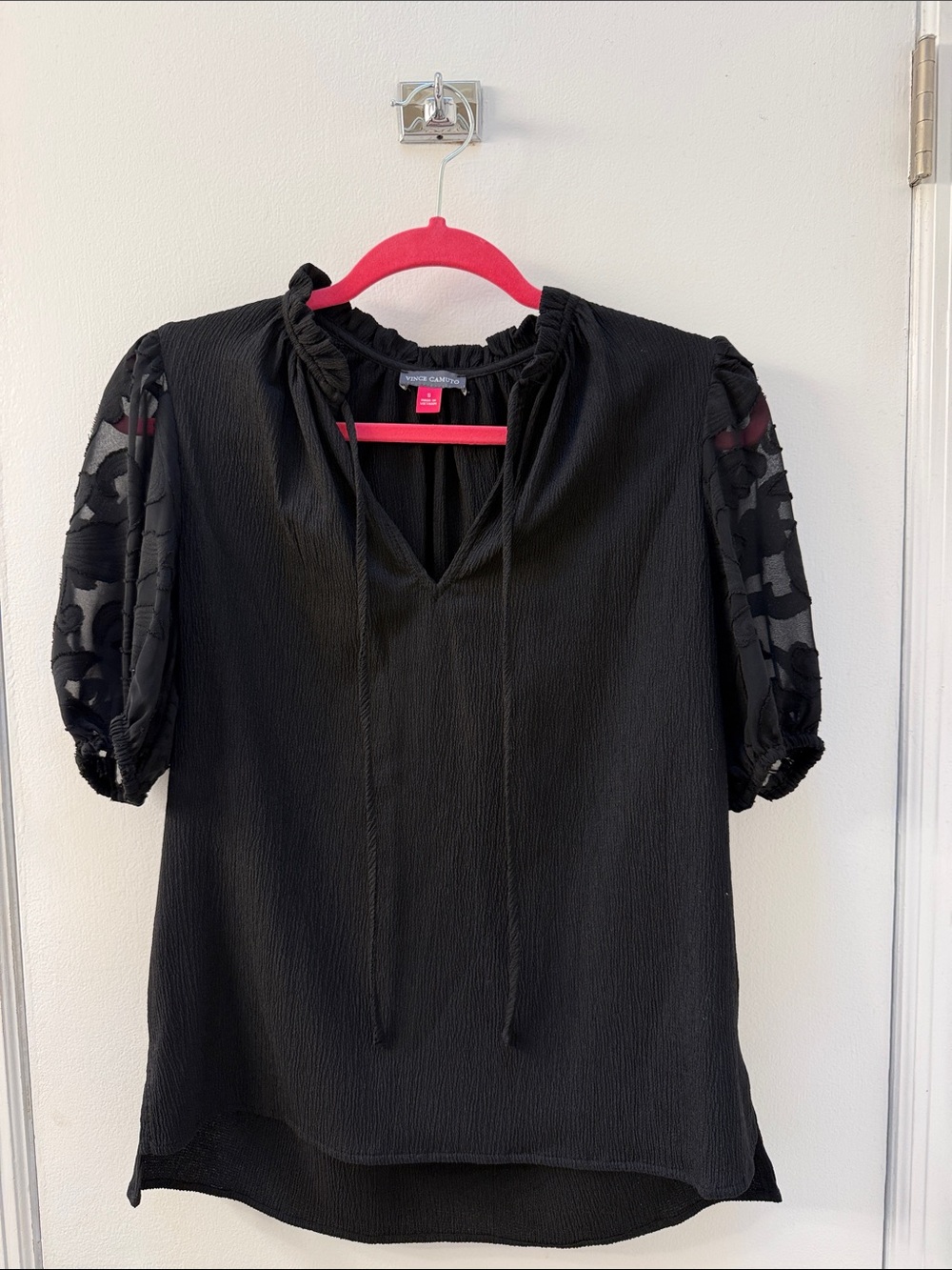Vince Camuto Black Peasant Blouse with Sheer Floral Sleeves